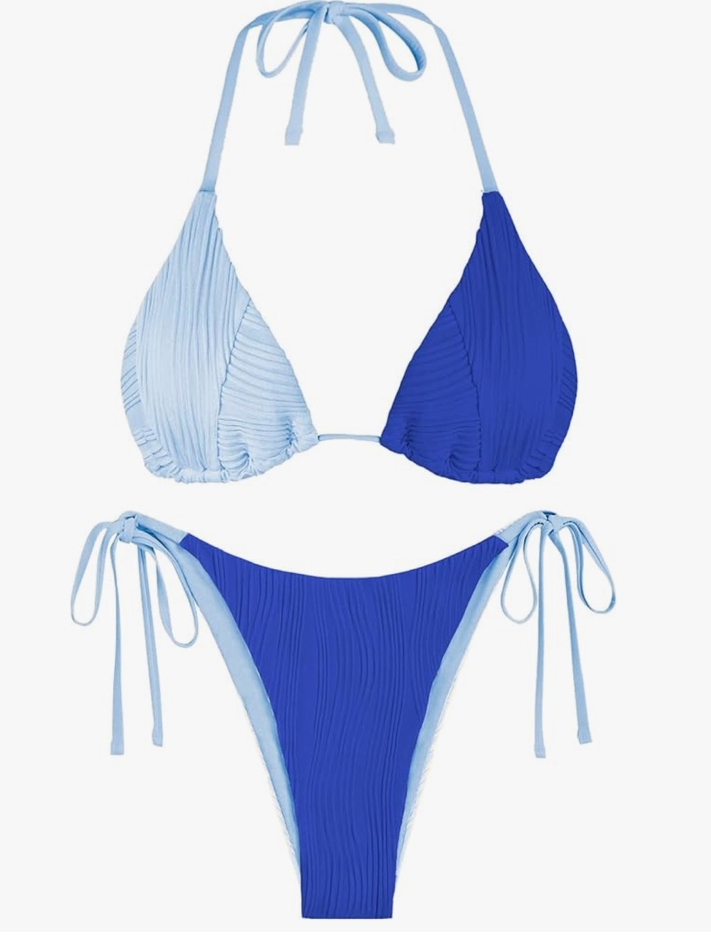 Zaful Two-Tone Light Blue and Royal Blue Ribbed Tie Bikini